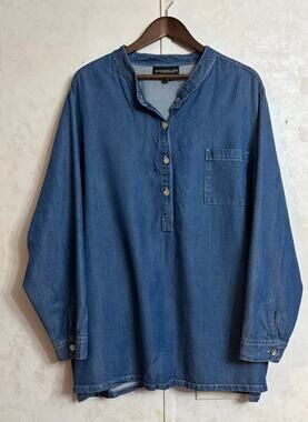 Monterey Bay Chambray Popover Tunic Coastal Grandma Lagenlook Minimalist Plus 3X
